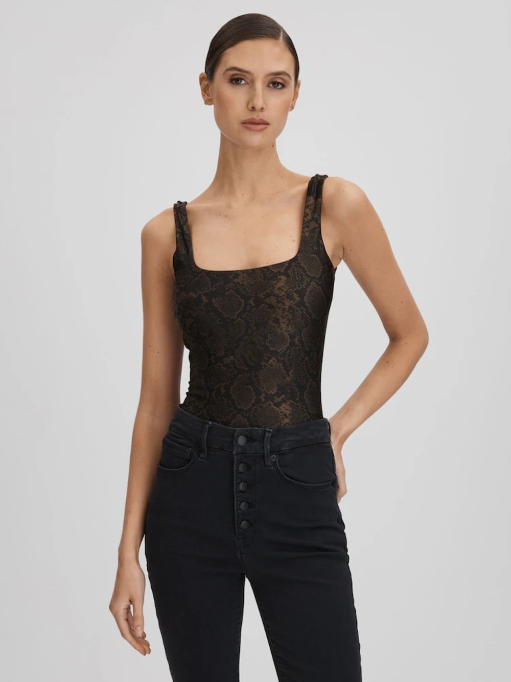 Good American Black Snake-Print Square-Neck Bodysuit